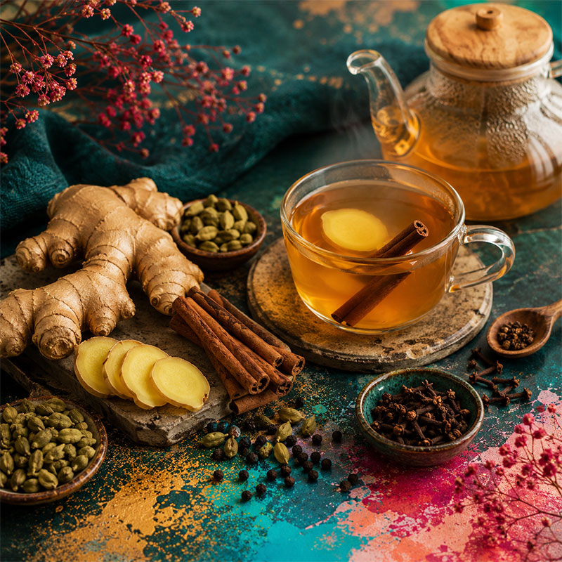 Ayurvedik zencefil çayı malzemeleri