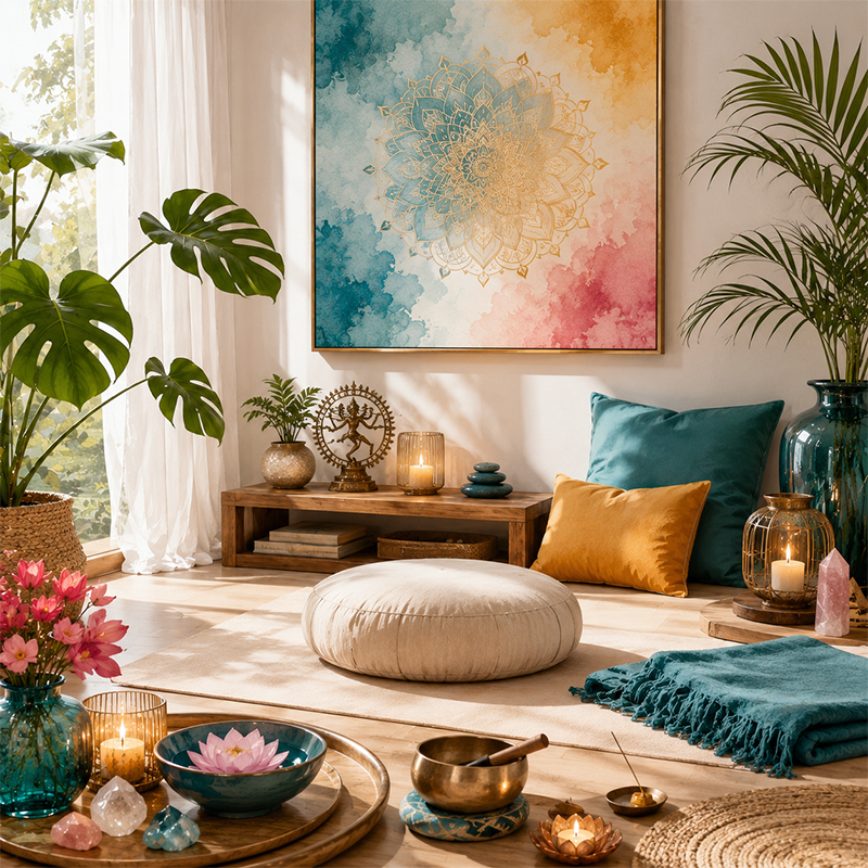 Evde meditasyon ve nefes egzersizleri için hazırlanmış davetkâr wellbeing alanı