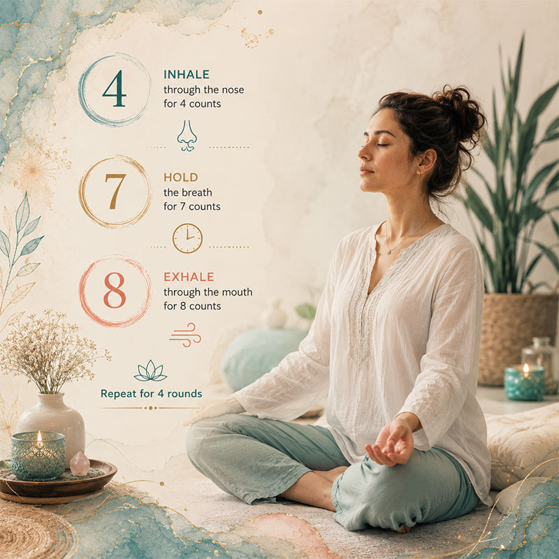 A calm seated breathing practice illustrating the 4-7-8 breathing technique