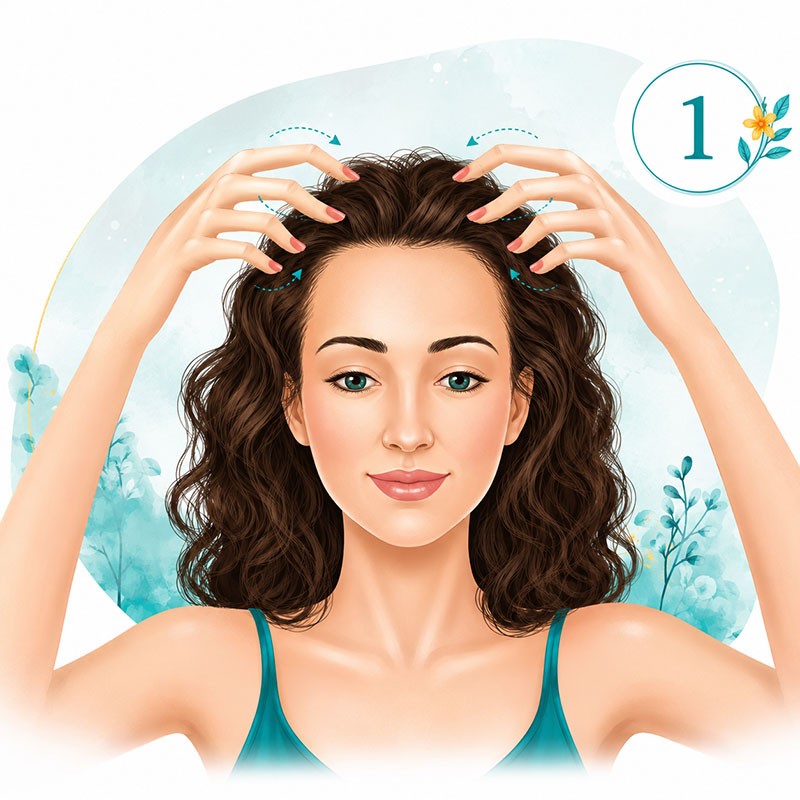 Step one of Self-Abhyanga massage showing gentle circular scalp massage