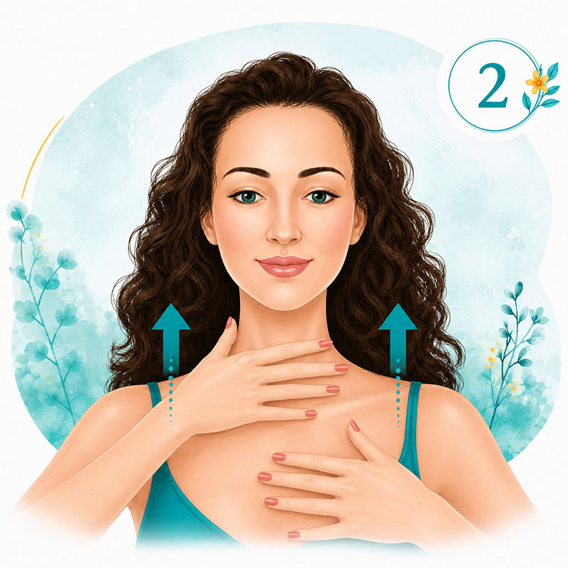 Step two of Self-Abhyanga showing gentle massage of the neck shoulders and upper back