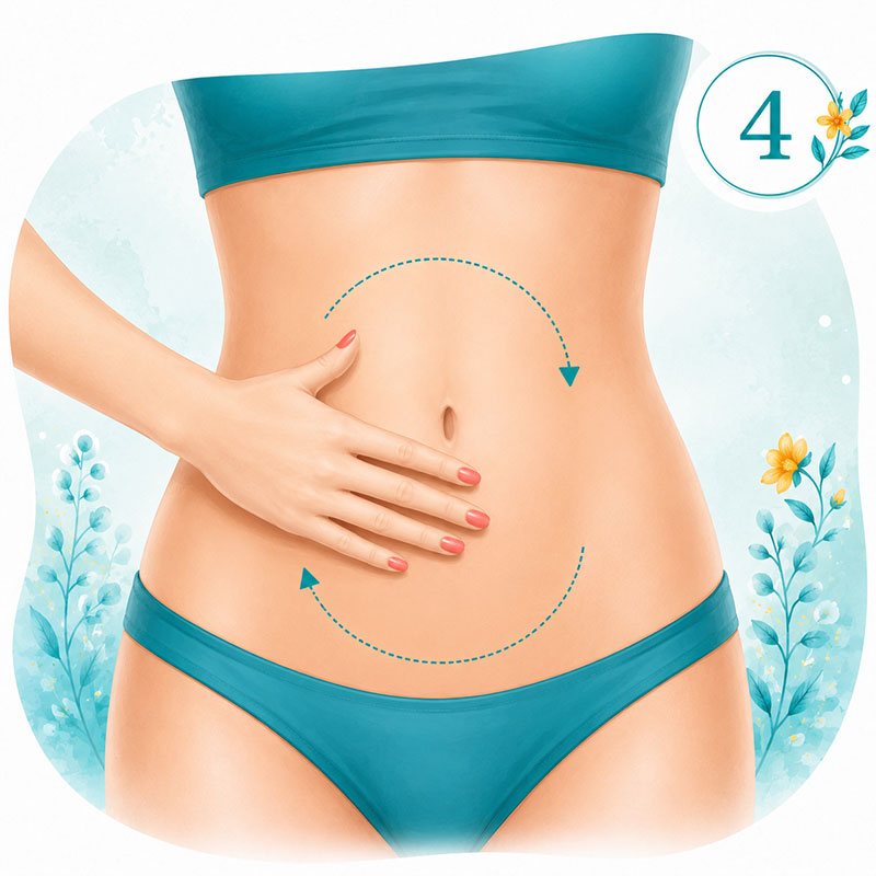 Step four of Self-Abhyanga showing gentle clockwise abdominal massage