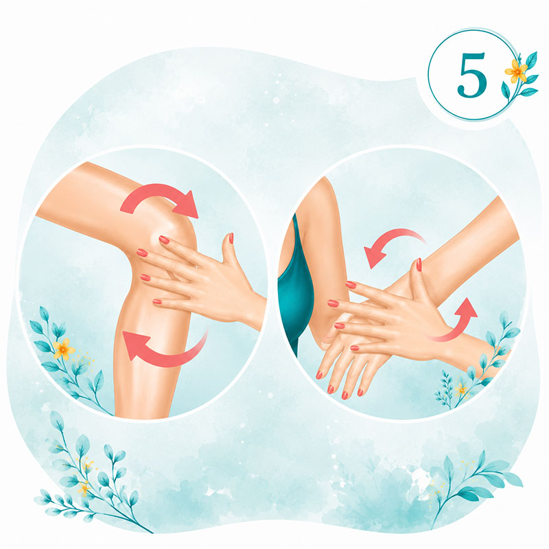 Step five of Self-Abhyanga showing circular joint massage and long strokes over the arms and hands