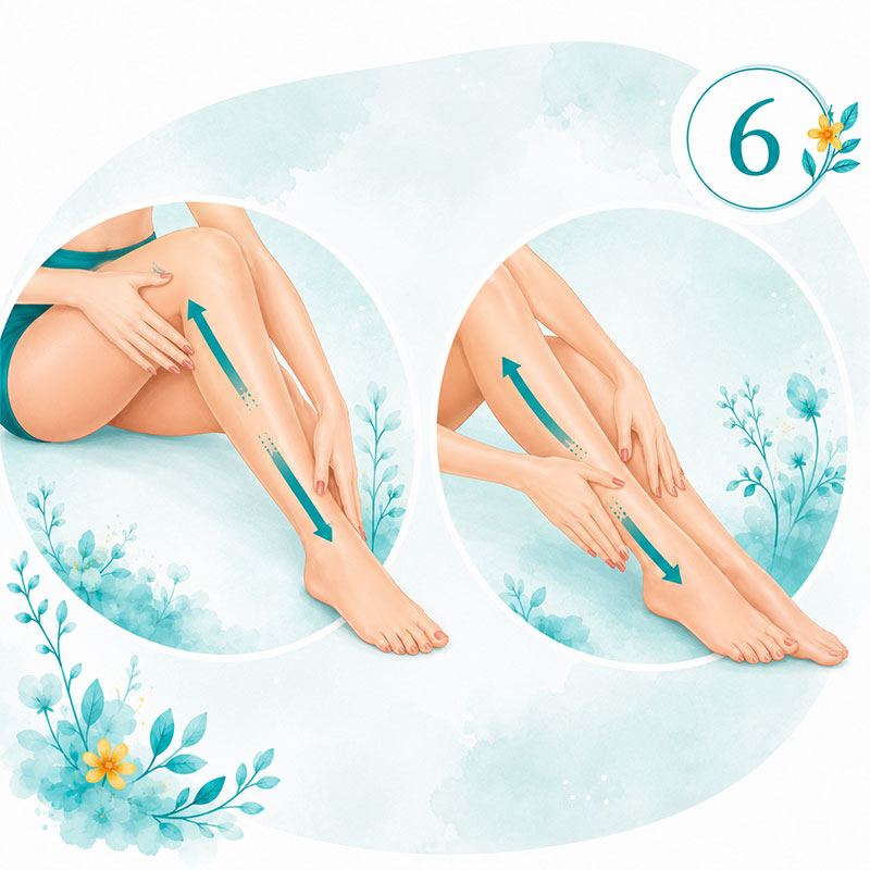 Step six of Self-Abhyanga showing massage over the hips thighs knees and lower legs