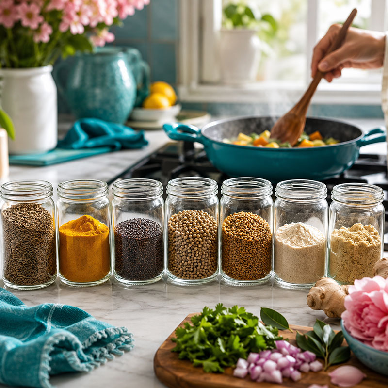 Seven traditional Ayurvedic cooking spices in a colourful spice box