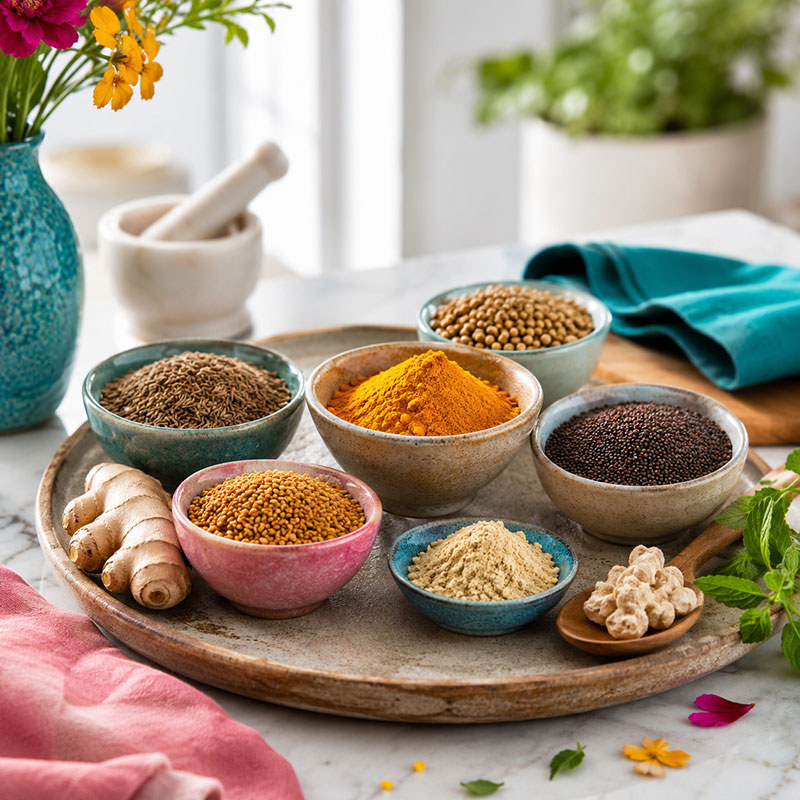Colourful Ayurvedic spices used to support digestion and balanced nutrition