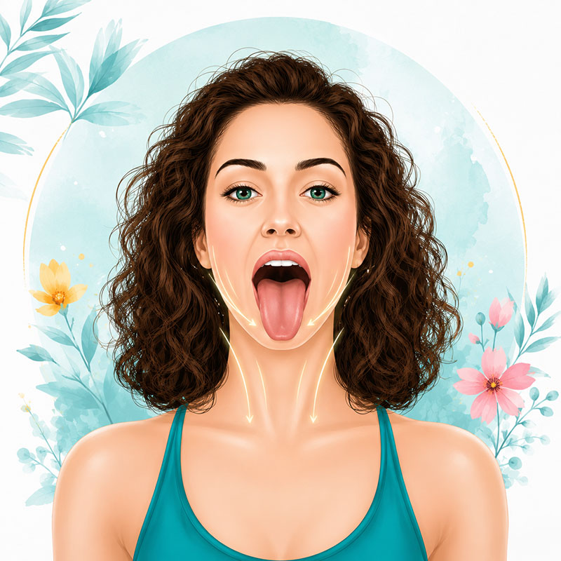 Lion's Breath breathing technique for expressive release and face-neck awareness