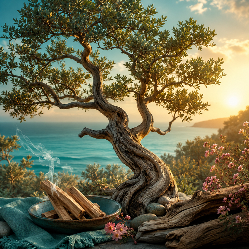 Palo Santo tree with aromatic wood and rising smoke in Ebru Şinik colours
