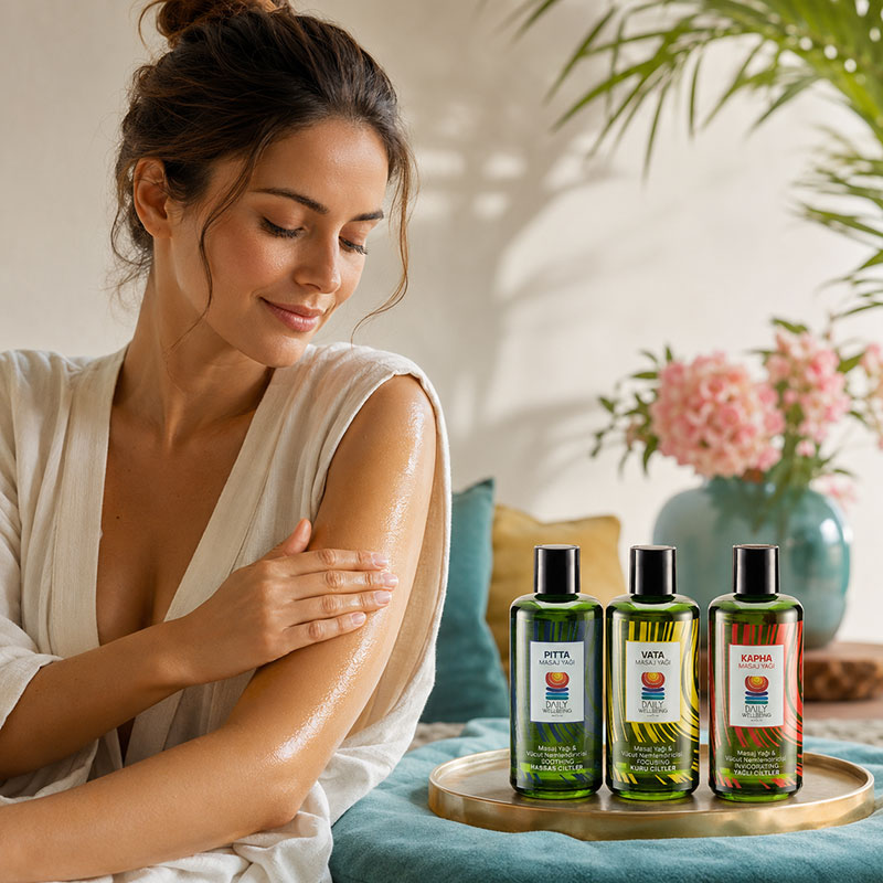 Woman applying Daily Wellbeing Ayurvedic body and massage oil during Self-Abhyanga